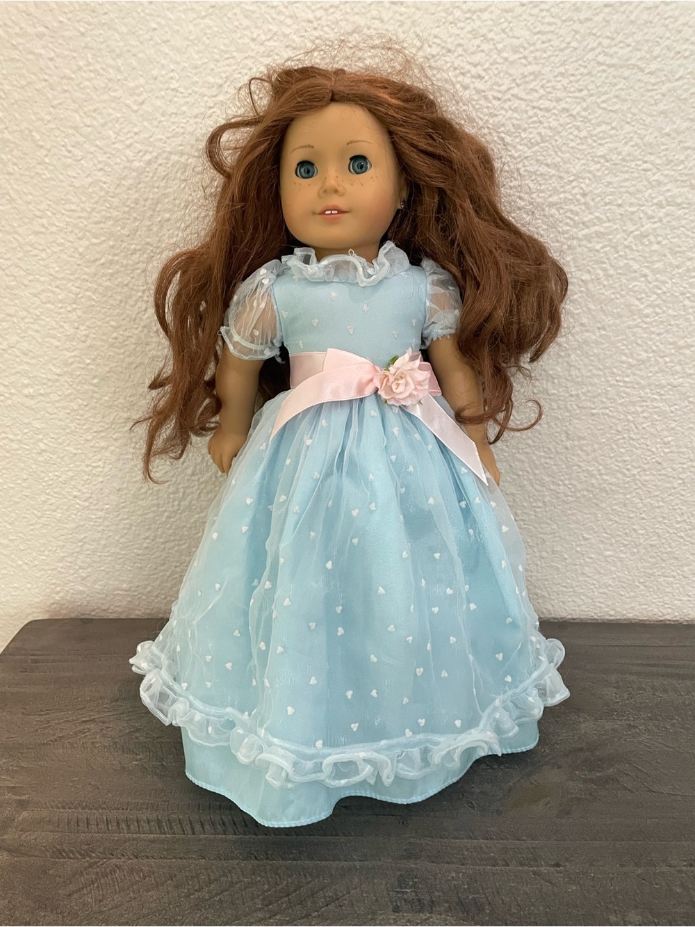 American Girl Pale Blue Heart Party Dress with Pink Sash